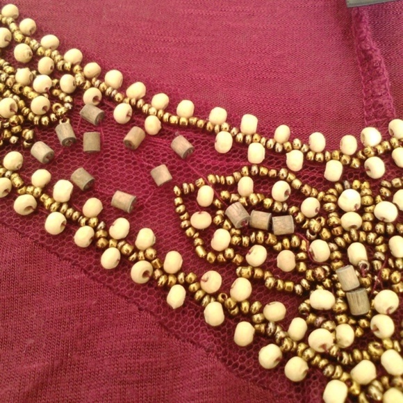 Oversize Burgundy Bead Embellished Scoop Crop Top Boat Neckline Batwing Pretty - Picture 5 of 5